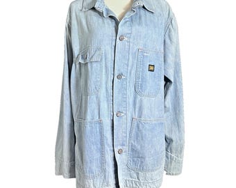 Giacca da lavoro vintage in denim sanforizzato, lavaggio chiaro, prodotta negli Stati Uniti.