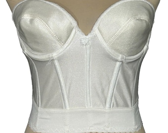 Sutiã corset vintage branco sem alças, modelo bustiê longo com barbatanas, tamanho 36B
