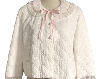 Vintage Ivory Satin Lace Embroidered Detail Quilted Bed Jacket Long Sleeve
