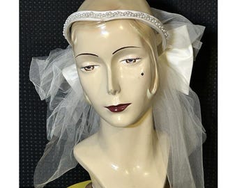 Vintage 1950's Juliet Style Wedding Veil with Pearl Bow Headpiece