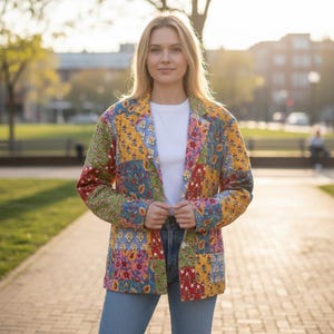 Vintage Boho Mod True Patchwork Gefütterte Taschen Art Blazer Jacke Bunt zu tragen