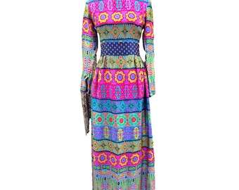 VTG Alex Colman Dress 60s 70s Mod Hippie Psychedelic Vintage Maxi High Neck EUC