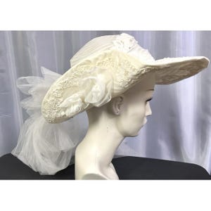 Vintage 80s Bridal Hat Veil Lace Pearl Wide Brim Wedding Hat Ivory Vintage Bridal Illusion Ivory Wedding Bridal Hat Veil With  main image 3