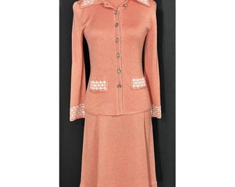 Completo vintage anni '70 Mod Gloria Knits California 2 pezzi giacca elegante corallo salmone S