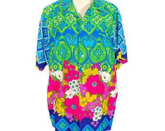 Vintage 60er Jahre Bark Cloth Day Glo Psychedelic Floral Dagger Kragen Shirt Hawaiianer