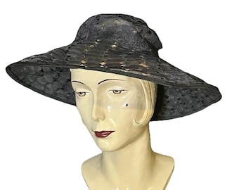 Union Millinery 50s Black Raffia Weave Wide Brimmed Hat Elegant!