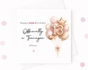 Officially a Teenager Birthday Card, Personalised Happy 13th Birthday Daughter , Niece, Granddaughter, Cousin, Sister, Pink Balloons