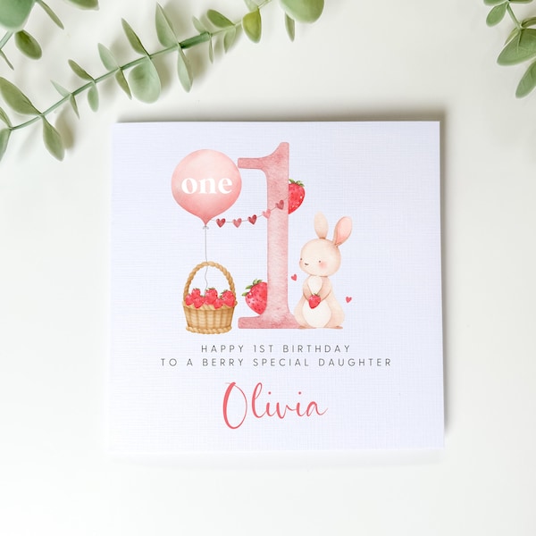 Personalised Strawberry 1st Birthday Card, Berry First Birthday, Daughter, Niece, Granddaughter