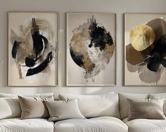 Neutrale abstrakte Wandkunst 3er-Set, moderne minimalistische Drucke mit erdigen Tönen und Goldakzenten, organische Formen der Galeriewand, digitaler Download