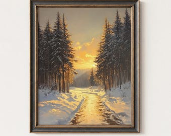 素朴な森の日の出風景、雰囲気のある森の絵画、ヴィンテージの自然壁アート、質感のあるデジタルプリント