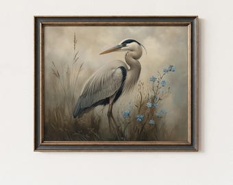 Rustic Heron Marshland Print – Vintage Cottage Nature Wall Art