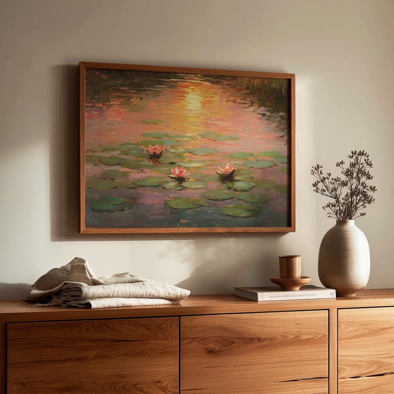 Romantic Water Lilies at Sunset, Impressionist Pond Landscape Printable Wall Art image 7