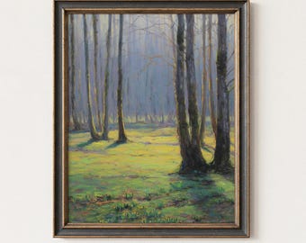 Spring Forest Landscape Printable – Sunlit Woodland Wall Art, Tranquil Nature Scene, Mossy Green Decor, Moody Digital Download