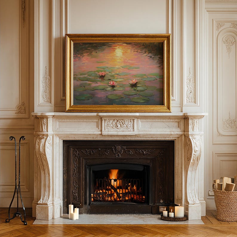 Romantic Water Lilies at Sunset, Impressionist Pond Landscape Printable Wall Art image 2
