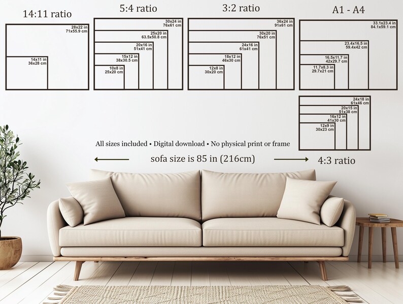 May include: Image displaying different aspect ratios for digital art prints, such as 14:11, 5:4, 3:2, and A1-A4. The text states that all sizes are included in a digital download, without a physical print or frame. The sofa size is 216cm.