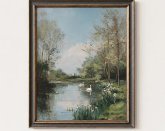 Vintage Swan Print, River Oil Painting Wall Art, Romantic Cottagecore Home Decor