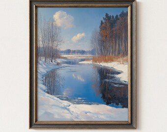 Timeless Pond Landscape Painting, Moody Waterside Countryside Wall Art Printable