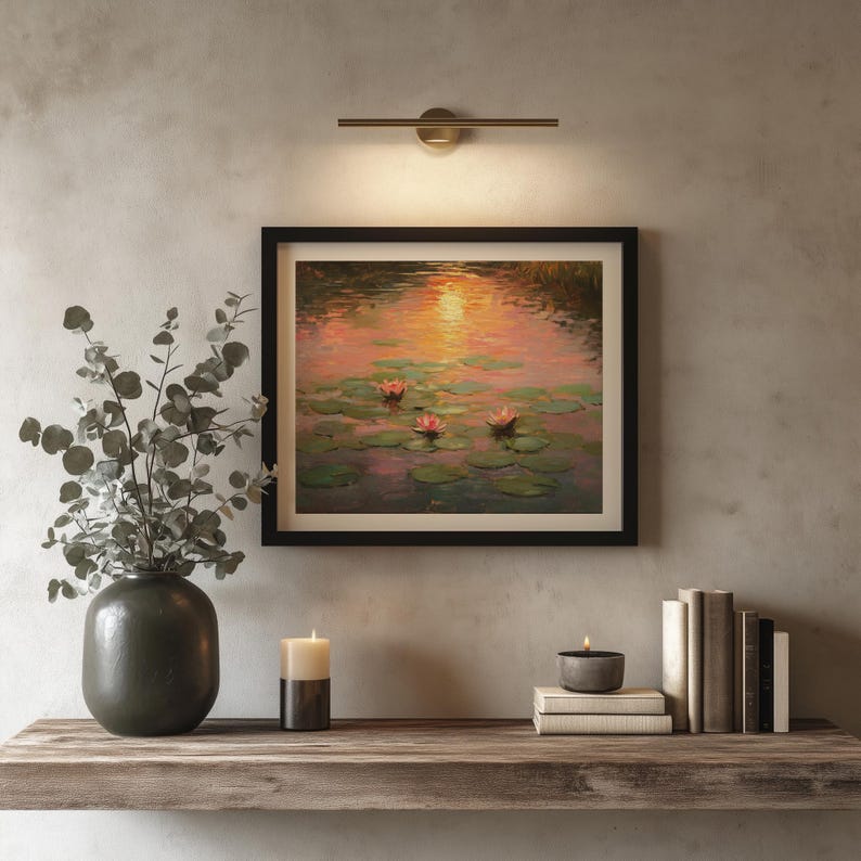 May include: A framed painting of water lilies in a pond, with a black frame, hangs above a wooden shelf. A dark green vase with leafy branches, a candle, and books are on the shelf. A brass light fixture is above the painting.