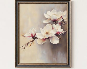 Pastel Magnolia Wall Art, Soft Vintage Floral Print, Calm Neutral Home Decor, Botanical Printable Download