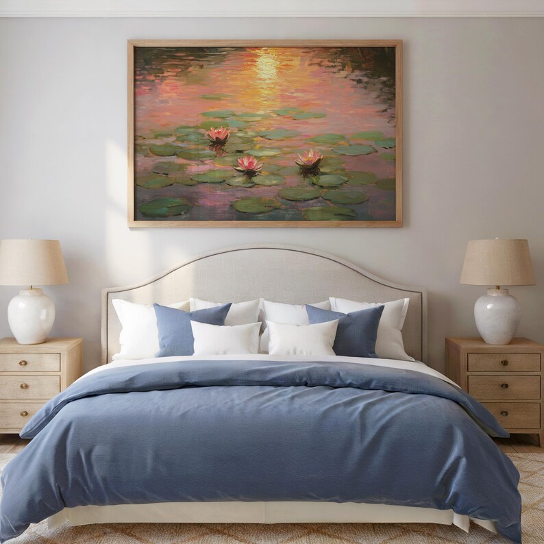 Romantic Water Lilies at Sunset, Impressionist Pond Landscape Printable Wall Art image 4