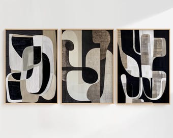 Neutral Mid-Century Modern Abstract Wall Art Set of 3, Textured Geometric Prints, Minimalist Decor