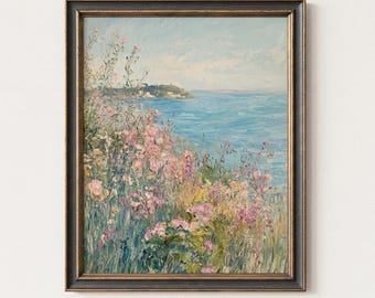 Summer Wildflower Coastal Wall Art, Floral Seaside Landscape Painting, Vintage Beachy Printable Wall Art