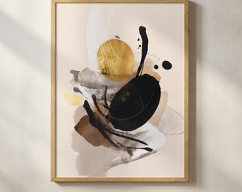 Japanese Abstract Wall Art Print – Minimalist Wabi‑Sabi Decor, Zen Black & Gold Brushstrokes, Neutral Digital Download for Home Decor