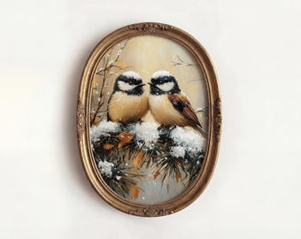 Impresión de pájaro carbonero, pintura rústica vintage de bosque
