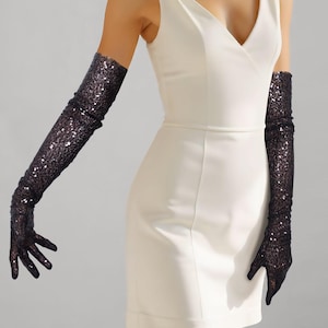 Shiny Black Sequin Opera Gloves: Bling Satin Costume Gloves, More Colors Available