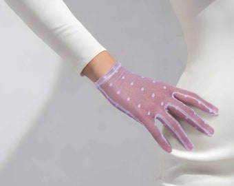 Lace Bridal Short Gloves, Short White Tulle Evening Gown Gloves, Heart Polka Dots in Black, White wedding gloves, Tea party Gloves