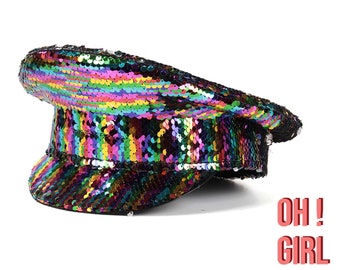 Rainbow Sequin Captan Hat, Military Hat, Emerald Green, Brown Bronze Sequin Sailor Flat Hat, Y2k Rave style Hiphop Street Fashion, Party Hat