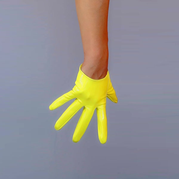 Gants ultracourts en faux cuir jaune fluo demi-paume/gants courts, gants de soirée drag jaunes, scène, déguisement de festival