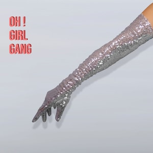 Silver Sequin Opera Gloves (70cm): Shiny Satin Bling for Drag Costume Party, More Colors