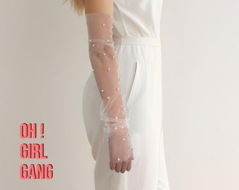 White Bridal Tulle Gloves: Pearls, Sheer Fingerless Sleeves, Evening Gloves (52cm)