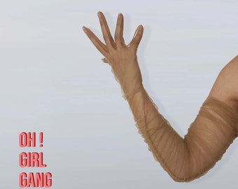 Beige Tulle Opera Gloves, Sheer Mesh, Stage Costume, more color available