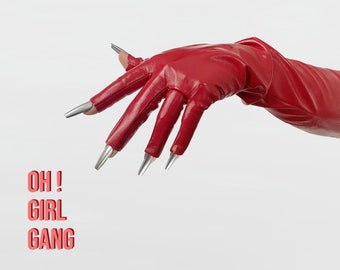Red Patent Leather Opera Gloves: Spooky Half Finger, Long Nails, Devils Costume, Halloween