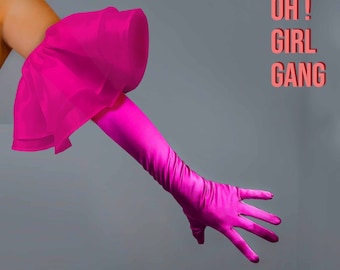 Ruffle Satin Opera Gloves: Party Costume Gloves (Hot Pink, Red, Black, White)