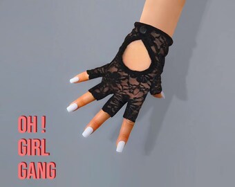 Black Lace Biker Gloves, Stylish half finger gloves with button, Driving Gloves, Music festival concert Party gloves, Costume Gloves