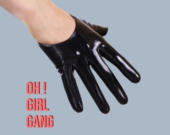Guanti a metà palmo in pelle sintetica verniciata ultracorta nera da 13 cm, guanti in lattice a punta, guanti da festa, guanti da sera, guanti costume