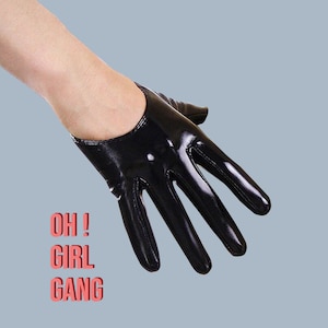 Black 13cm Ultrashort Patent Synthetic Leather Half Palm Gloves, pointed latex gloves, Party gloves, evening grown gloves, costume gloves