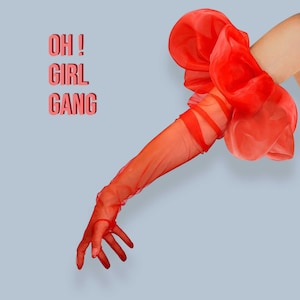 Red Lace Long Gloves with Tulle Puff: Party Costume Opera Gloves in black, white, Christmas Gift for her