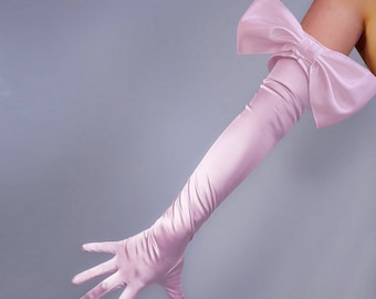 Light Pink Satin Opera Gloves with Big Bow: Handmade Evening Statement, Black, Red, White