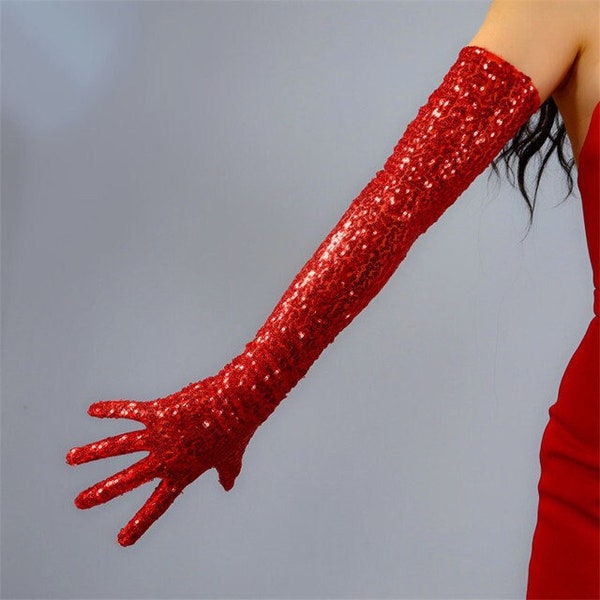 Gants d'opéra à sequins rouges brillants, Gants en satin Bling Bling (70 cm), Costume de fête, Gants de soirée scintillants, Gants de mariée, Gants de fête