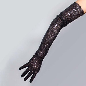 Shiny Black Sequin Opera Gloves: Bling Satin Costume Gloves, More Colors Available