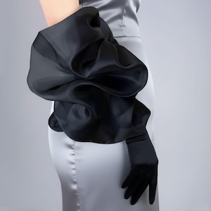 Black Organza Bubble Puff Gloves, Bridal Puff Satin Gloves in White, Evening gown, Festival Party Statement Gloves, Dramatic Stage gloves