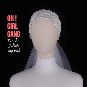 Bridal Juliet Cap Veil with pearls, 1920&#39;s style Classic Wedding Cathedral Veil, Hand sew the Great Gatsby Bridal Bachelorette Party Veil.