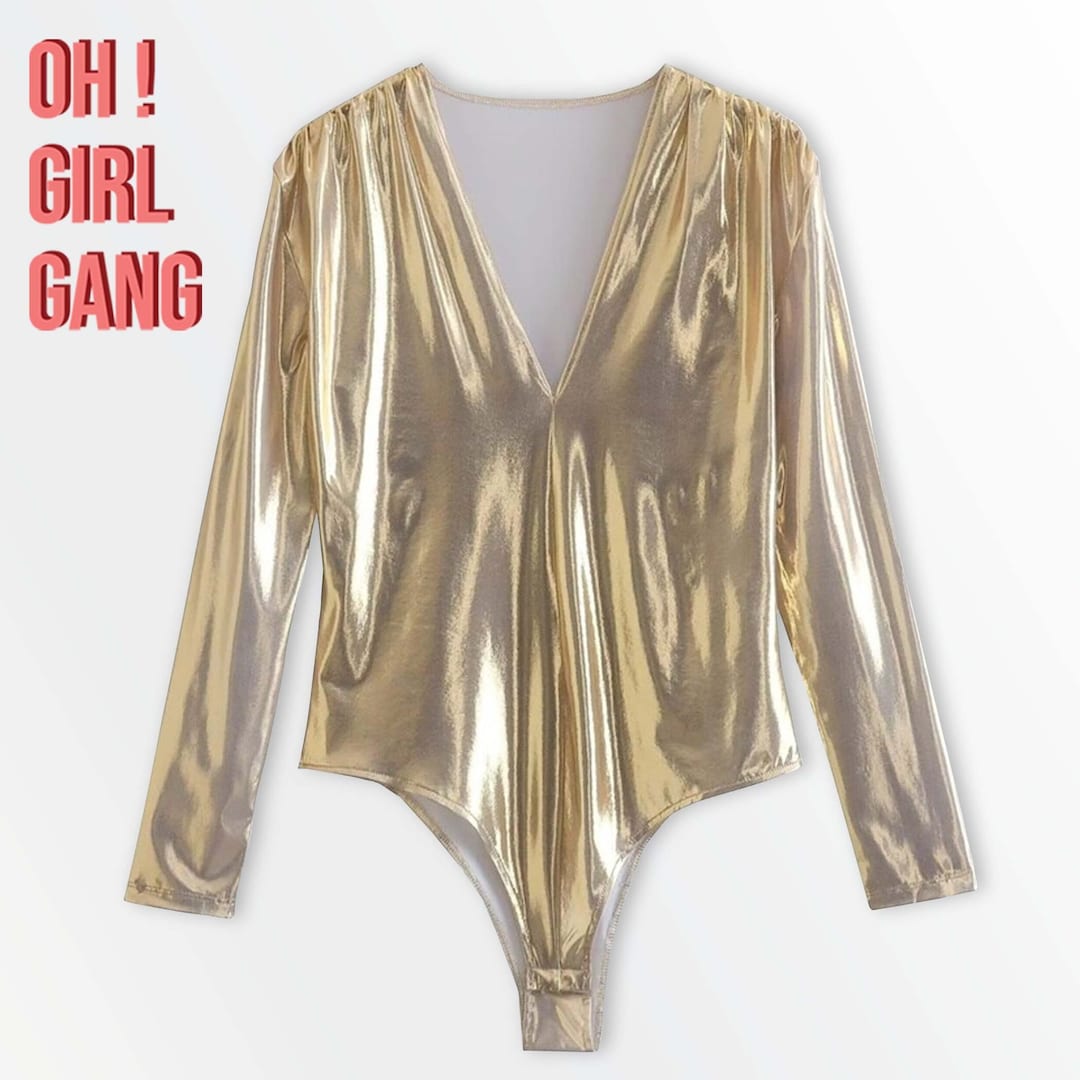 Gold Deep V Bodysuits Metallic One Piece Corset Top With Etsy