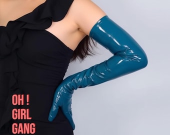 Guantes de ópera de piel sintética color verde azulado (70 cm, 60 cm y 50 cm), para disfraz de fiesta cibernética, brillantes, hasta el codo, para cosplay y eventos.