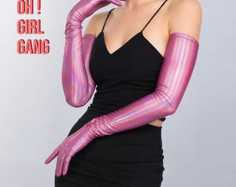 Metallic Pink Holographic Long Gloves: Rave Cosplay Disco