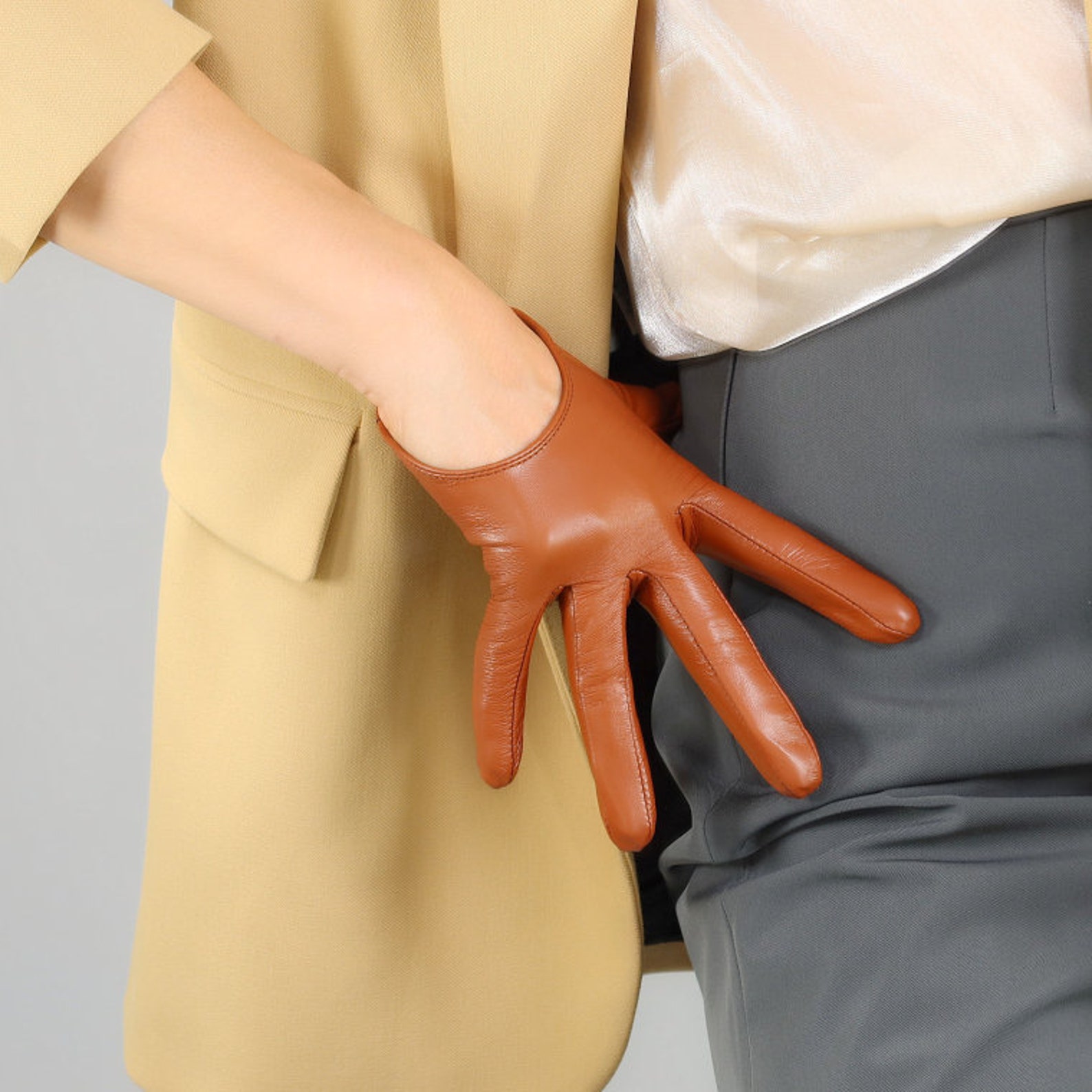 thumbnail image 2 of City-desires Women's Leather Half-Palm Gloves – Five Finger Driving Gloves (Black) 2 of 6